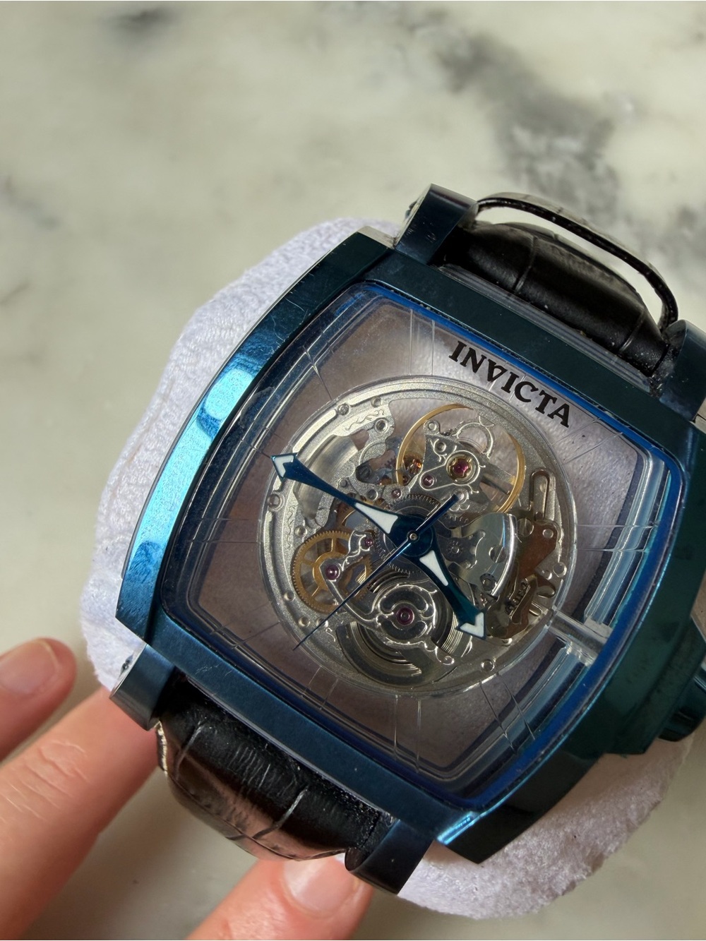 Invicta Men's Blue-Tone Skeleton Dial Automatic Watch with Black Leather Strap - Picture 10 of 10